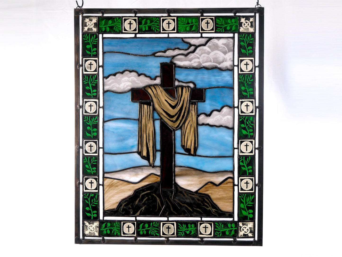 The Rock of Remembrance, Handmade Painted Stained Glass Cross Panel: Easter Theme,