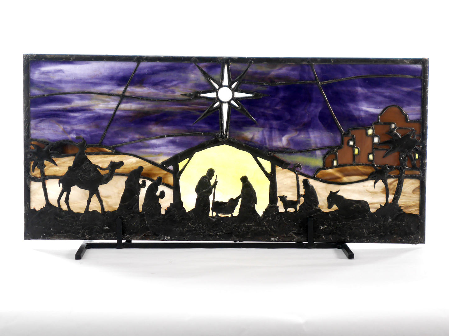Stained Glass Nativity, Christmas Decor, Faith, Religious, Rustic, Purple and Yellow Glass
