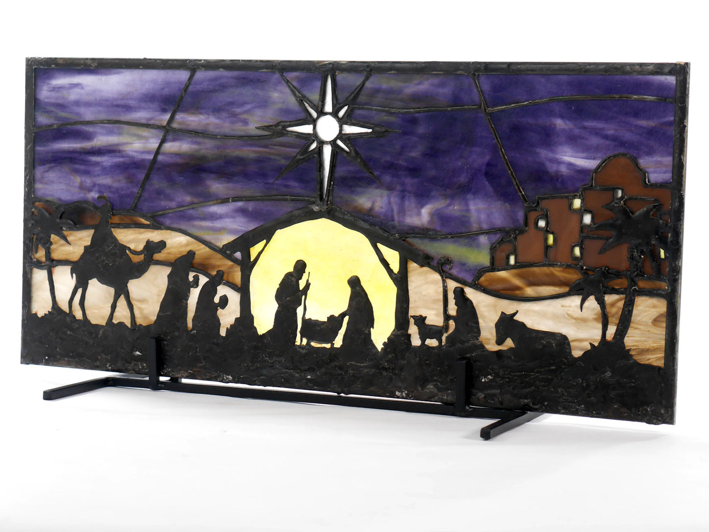 Stained Glass Nativity, Christmas Decor, Faith, Religious, Rustic, Purple and Yellow Glass