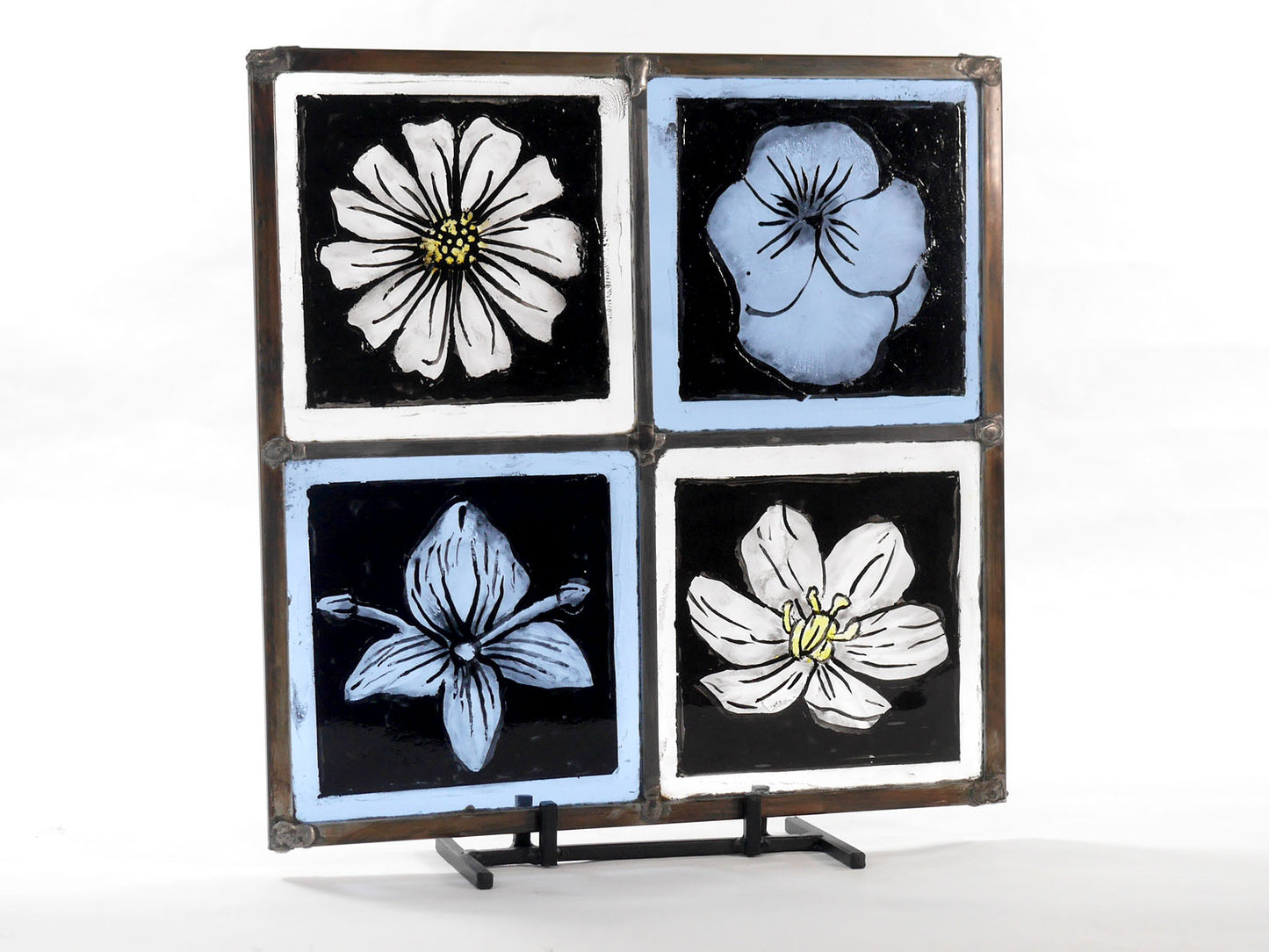 English Style Leaded Glass Four Flower Panel, Four Tenants of Love, Clear and Blue Glass.