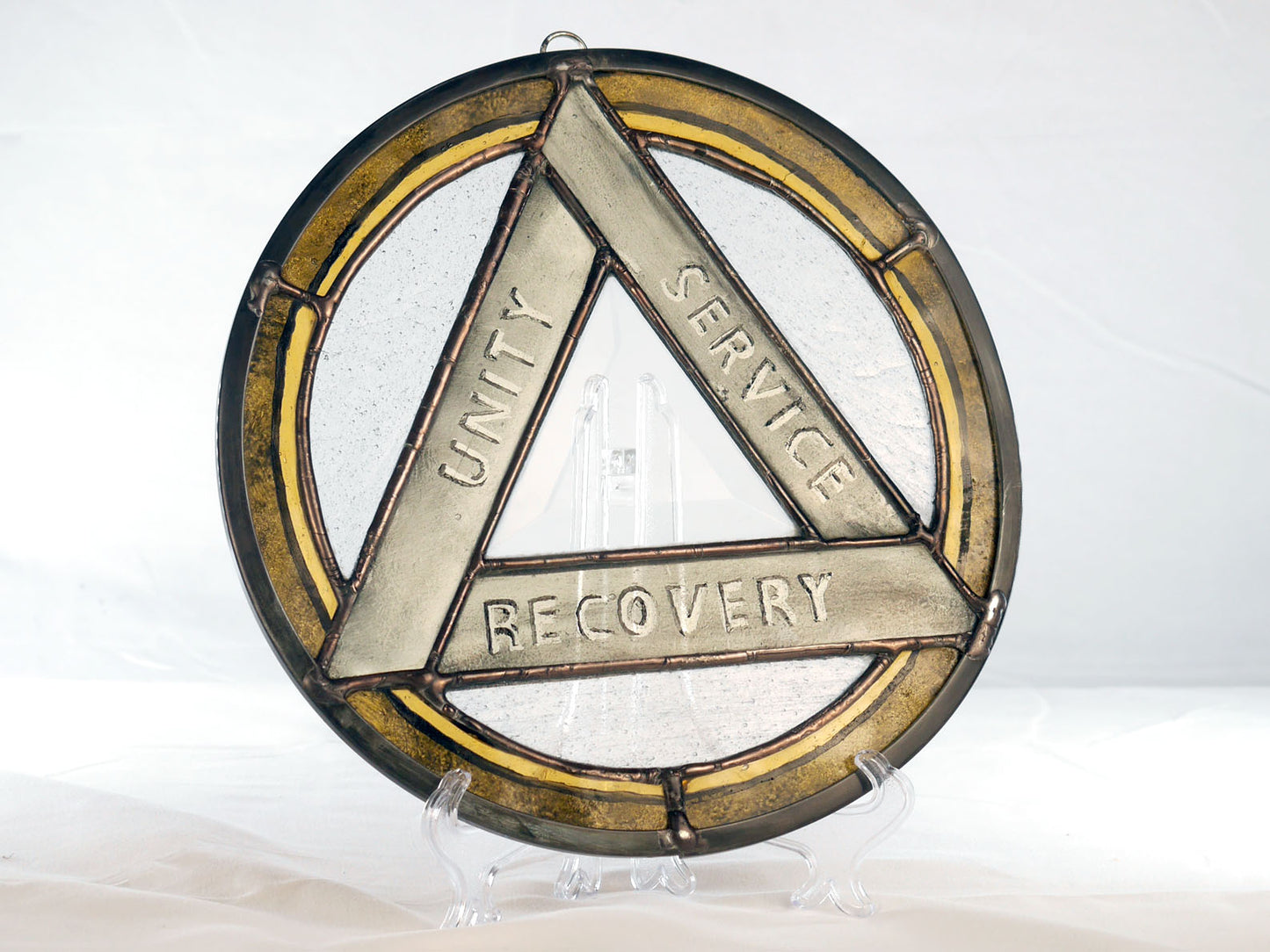 Stained Glass AA Recovery Symbol Panel: Painted Amber & Beveled Glass