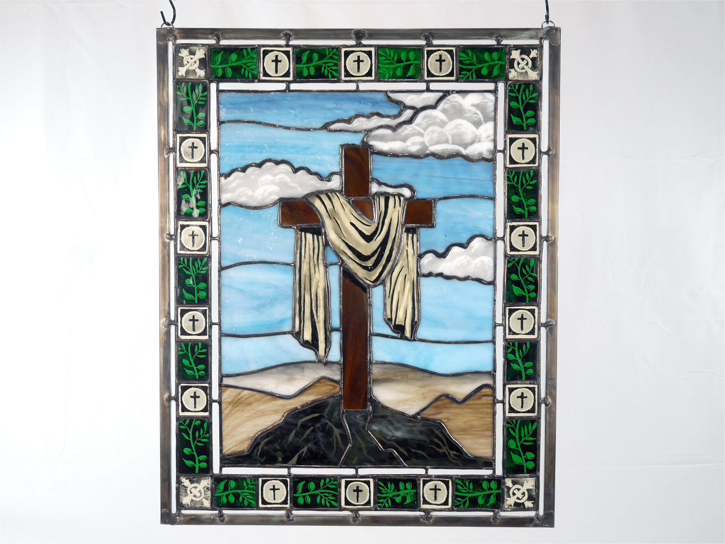 The Rock of Remembrance, Handmade Painted Stained Glass Cross Panel: Easter Theme,