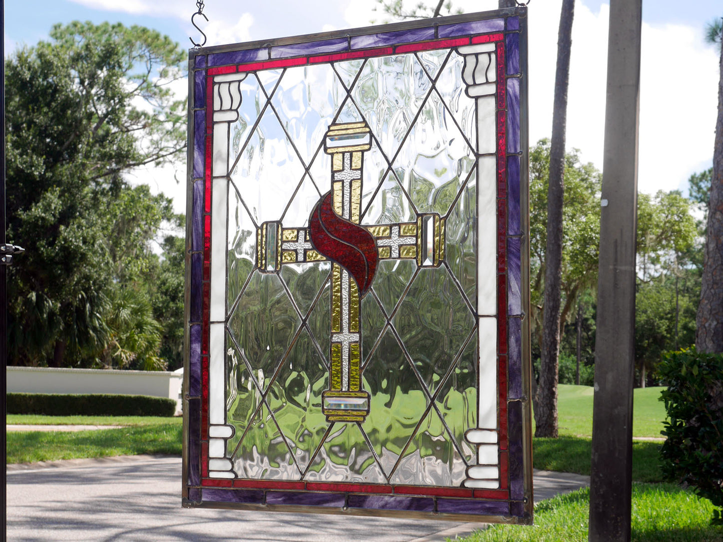 Handmade Stained Glass Gothic Cross Panel: Beveled Jewel Inlay