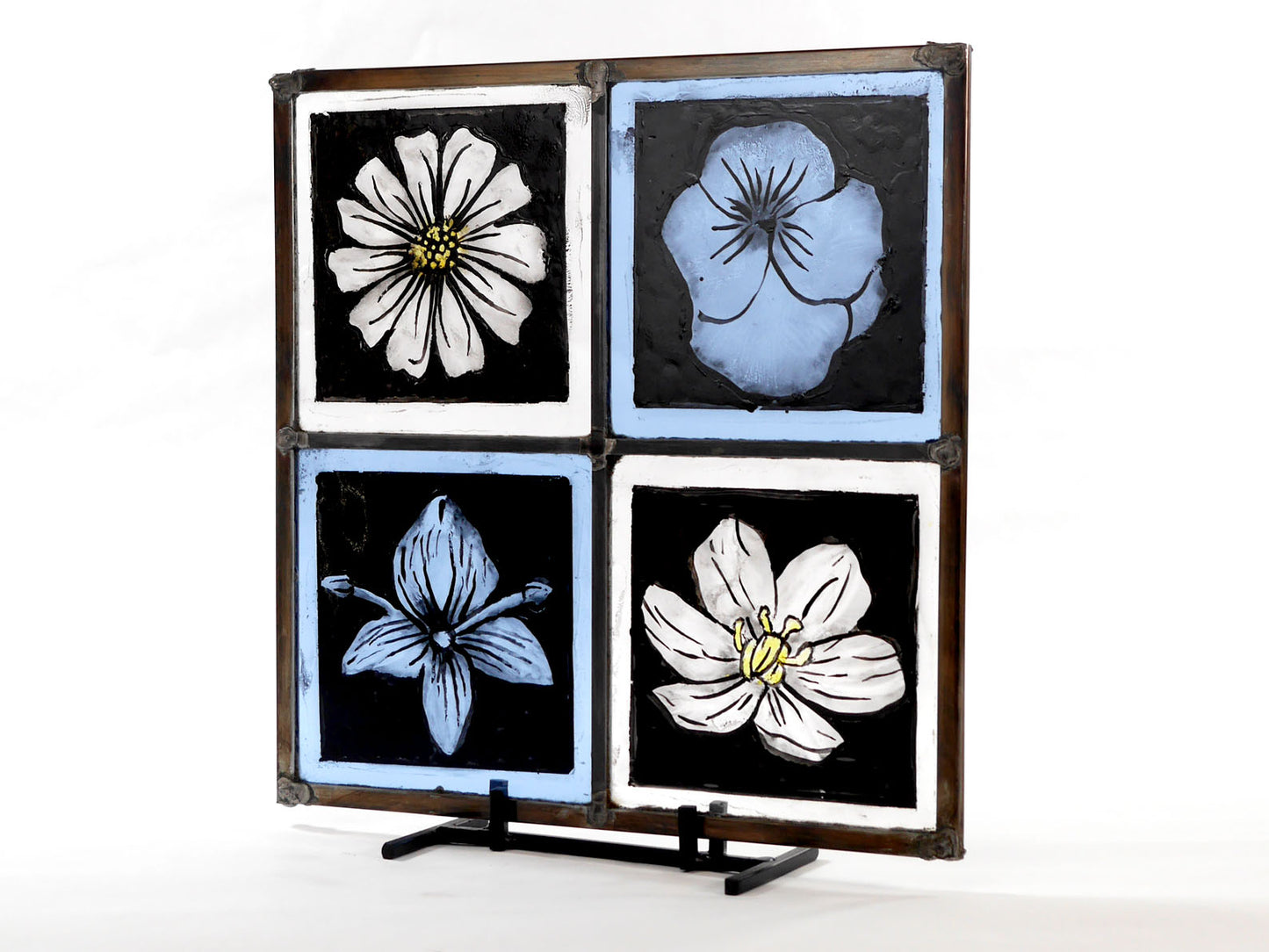 English Style Leaded Glass Four Flower Panel, Four Tenants of Love, Clear and Blue Glass.