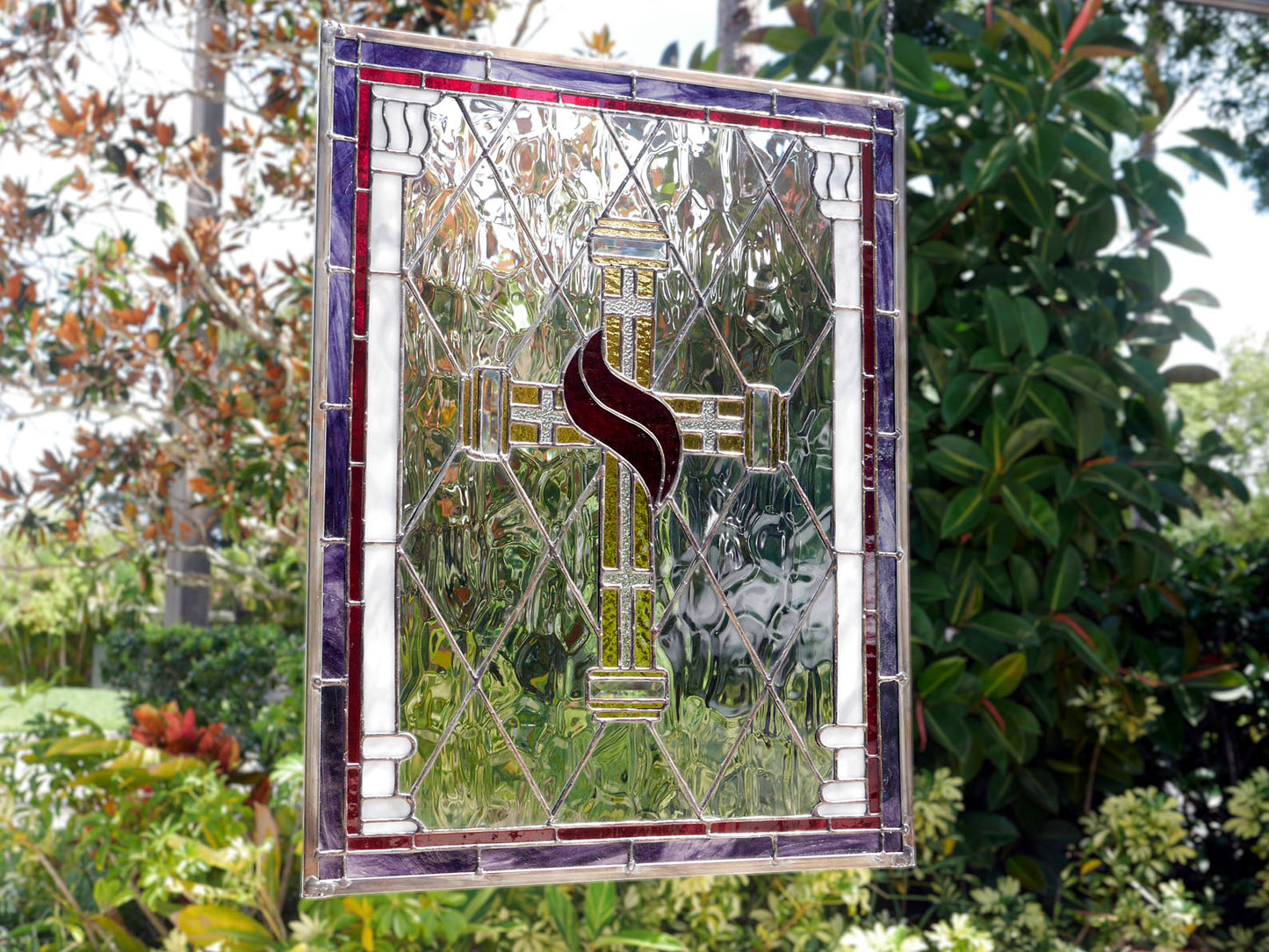 Handmade Stained Glass Gothic Cross Panel: Beveled Jewel Inlay