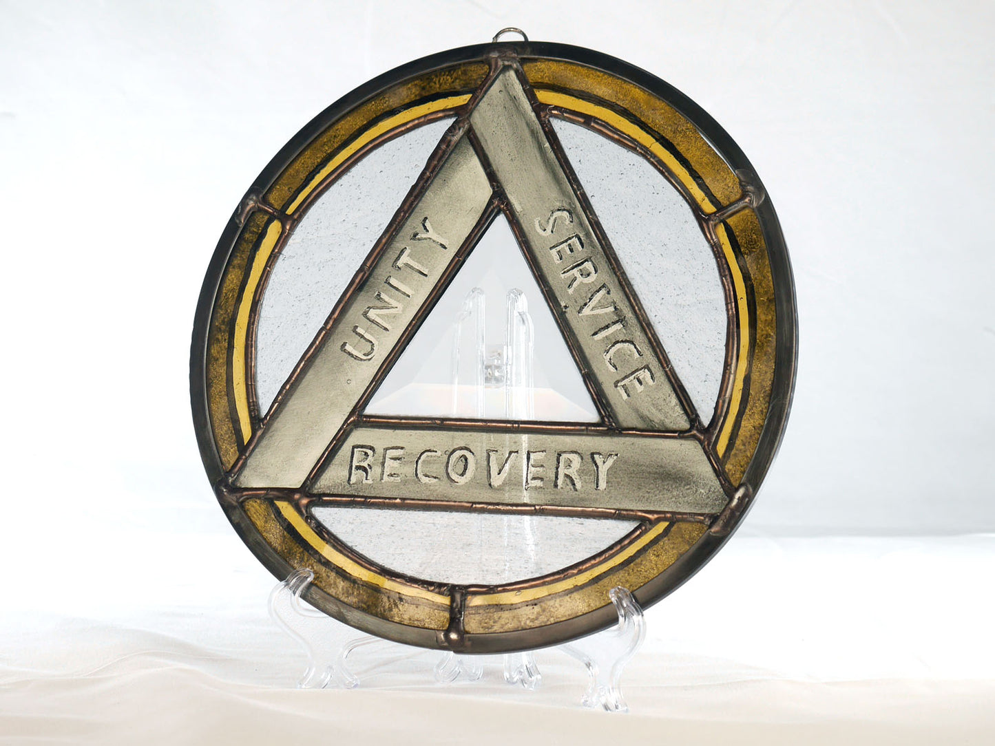 Stained Glass AA Recovery Symbol Panel: Painted Amber & Beveled Glass