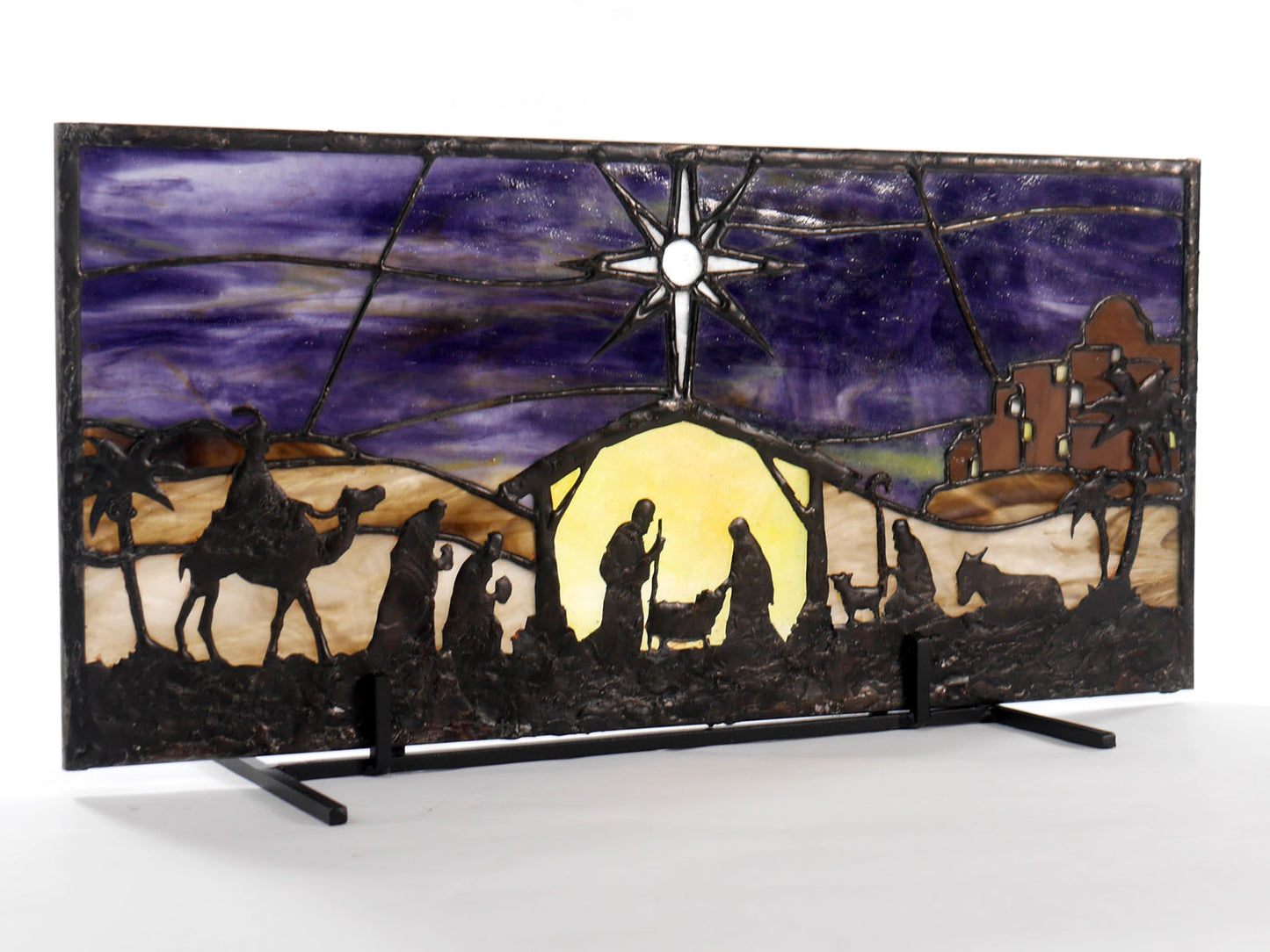 Stained Glass Nativity, Christmas Decor, Faith, Religious, Rustic, Purple and Yellow Glass