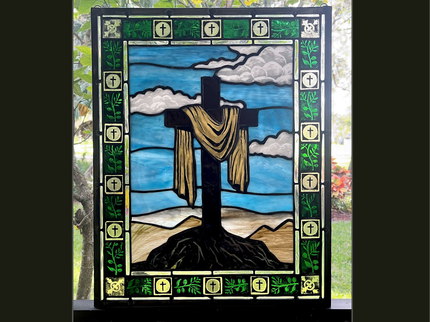 The Rock of Remembrance, Handmade Painted Stained Glass Cross Panel: Easter Theme,
