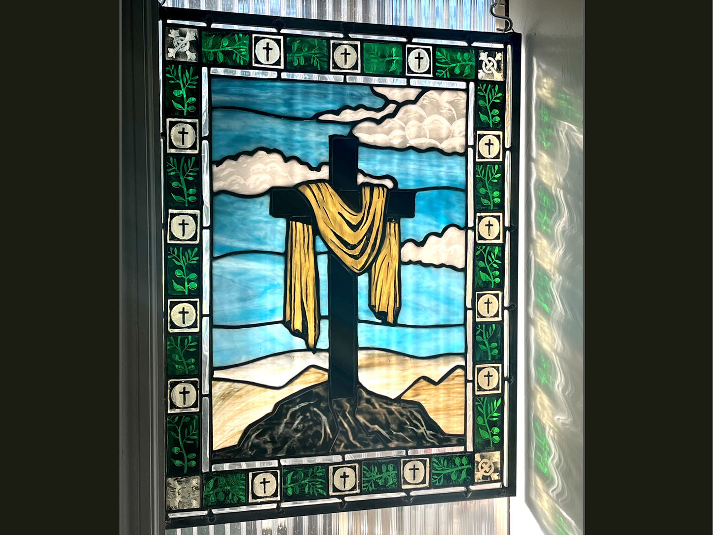 The Rock of Remembrance, Handmade Painted Stained Glass Cross Panel: Easter Theme,