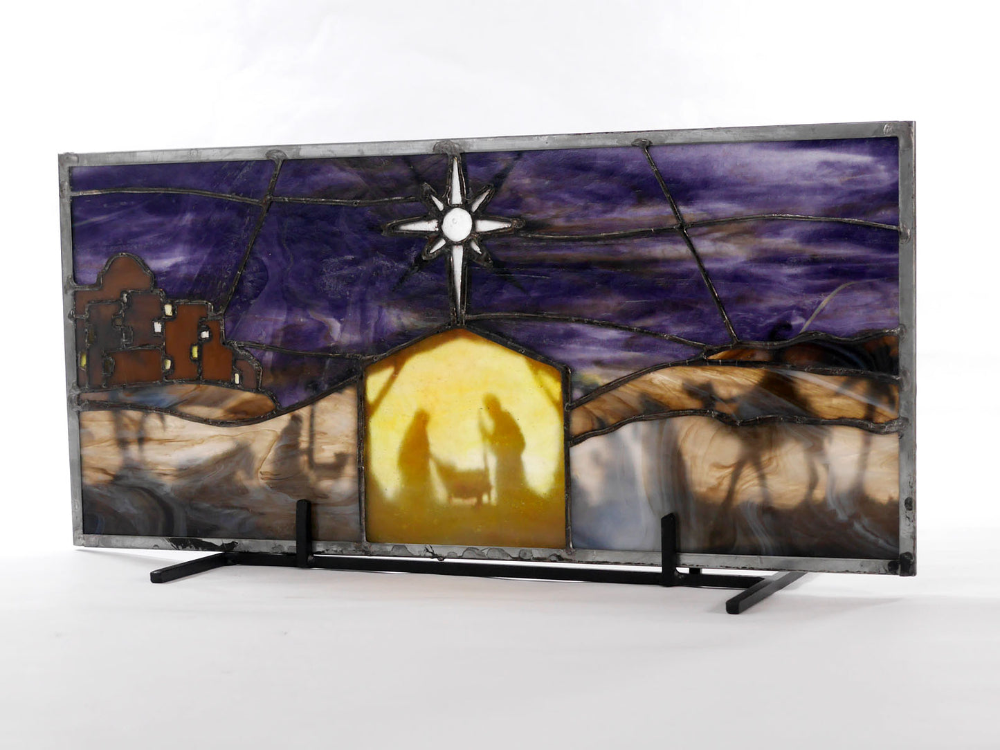 Stained Glass Nativity, Christmas Decor, Faith, Religious, Rustic, Purple and Yellow Glass