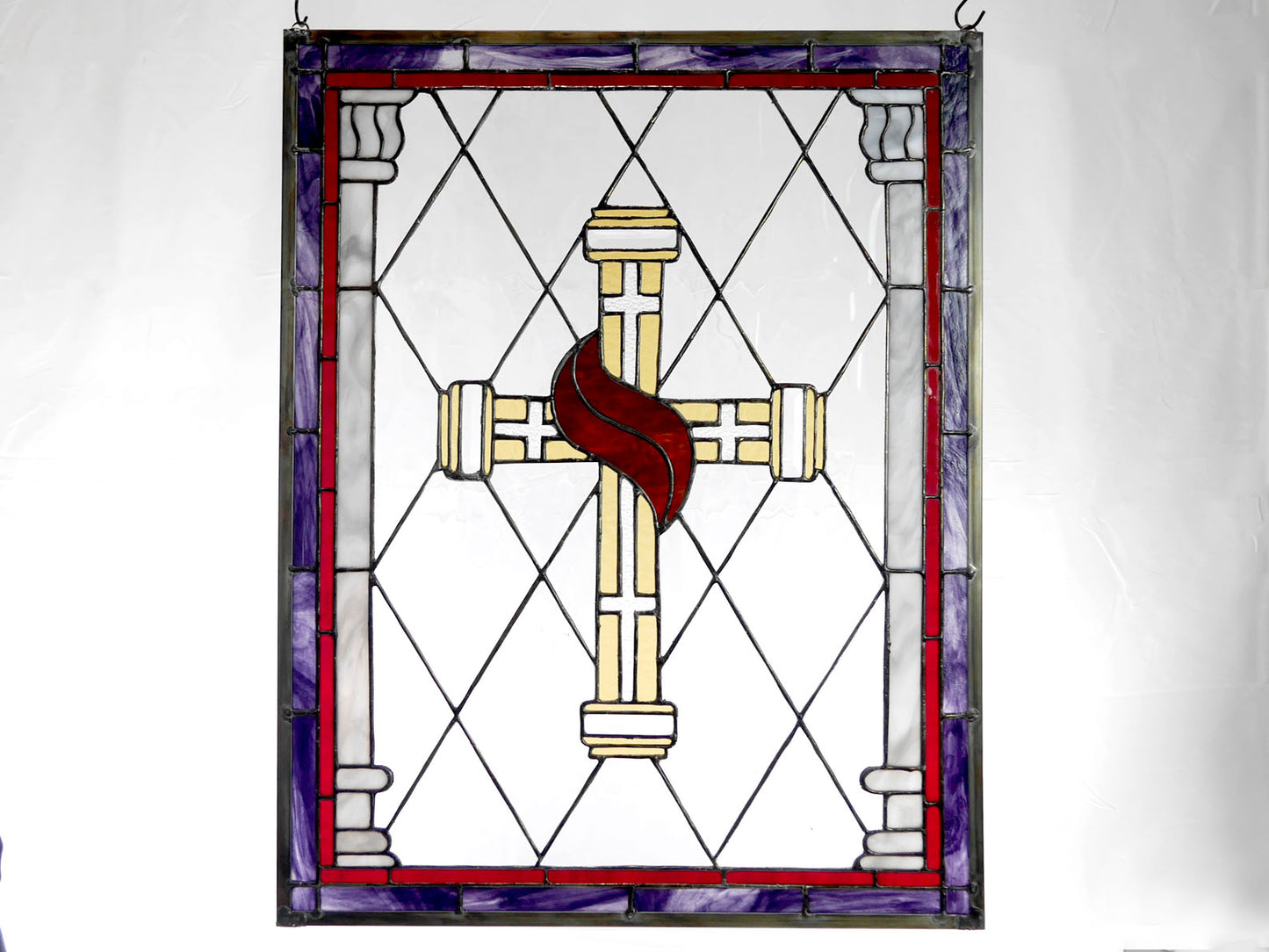 Handmade Stained Glass Gothic Cross Panel: Beveled Jewel Inlay