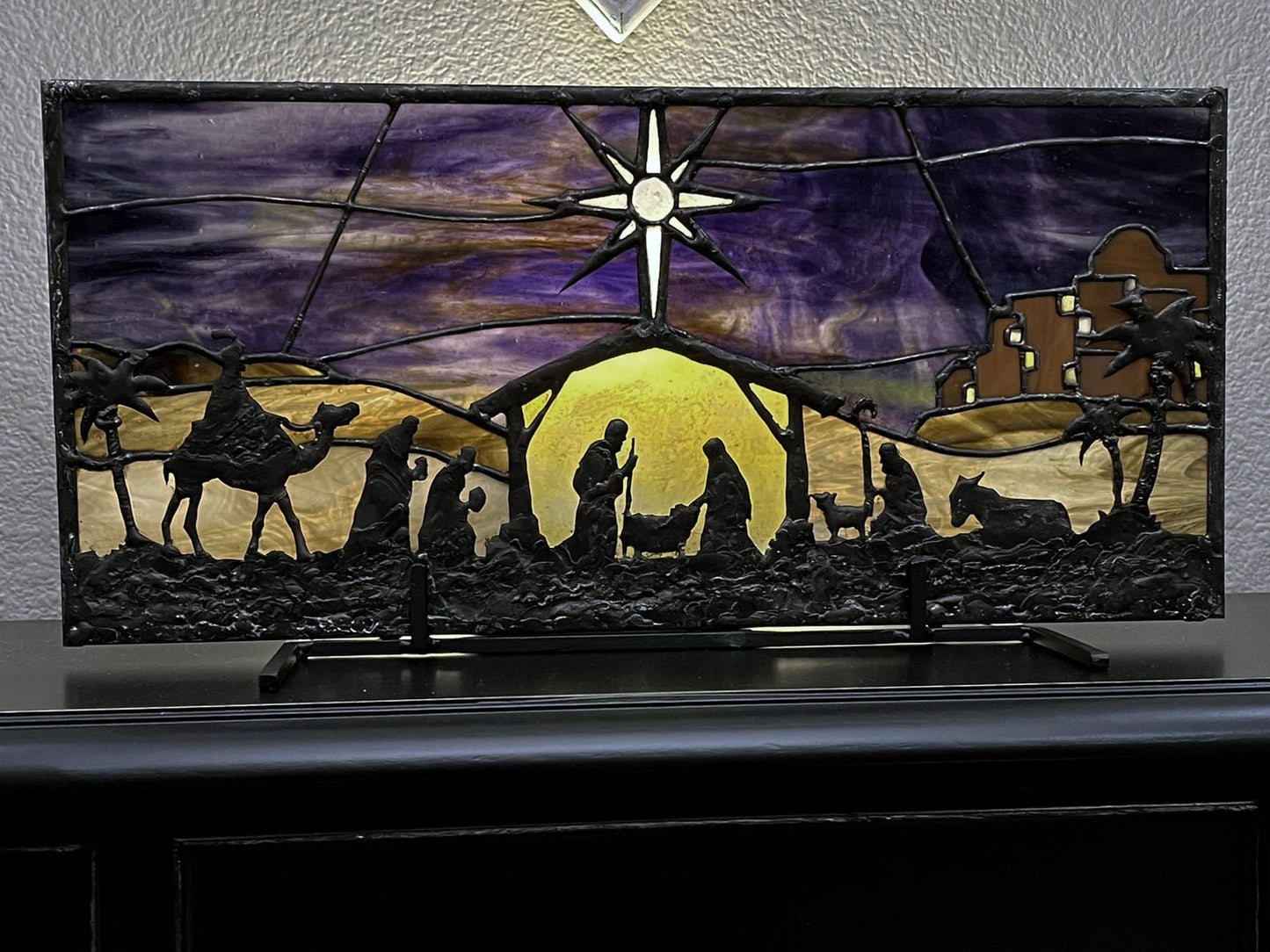 Stained Glass Nativity, Christmas Decor, Faith, Religious, Rustic, Purple and Yellow Glass