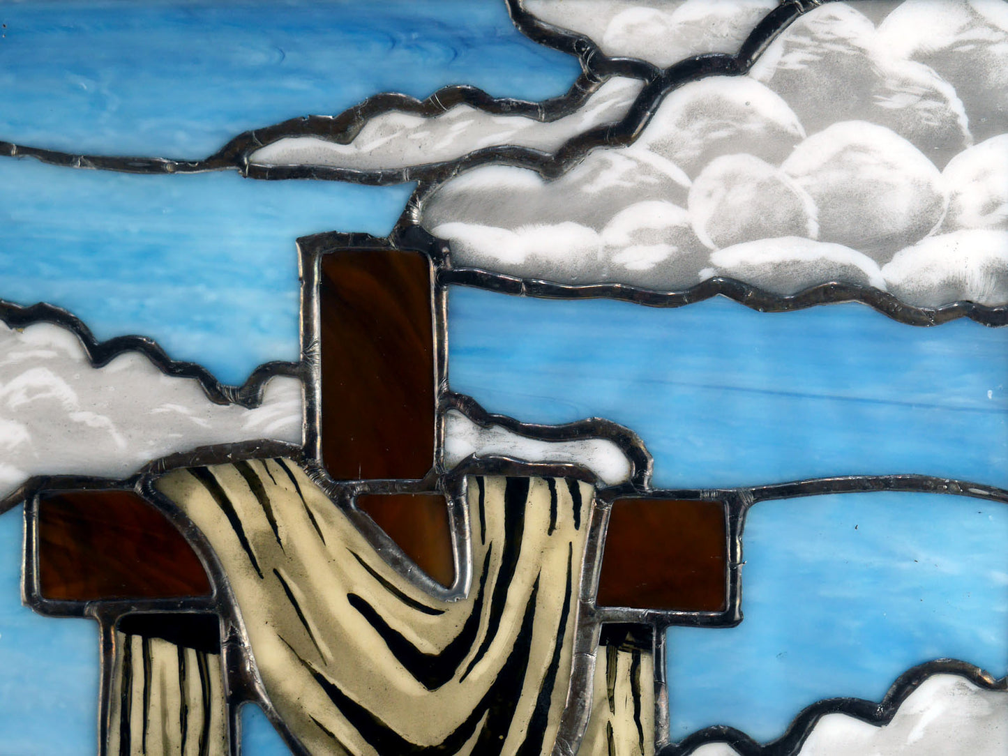 The Rock of Remembrance, Handmade Painted Stained Glass Cross Panel: Easter Theme,