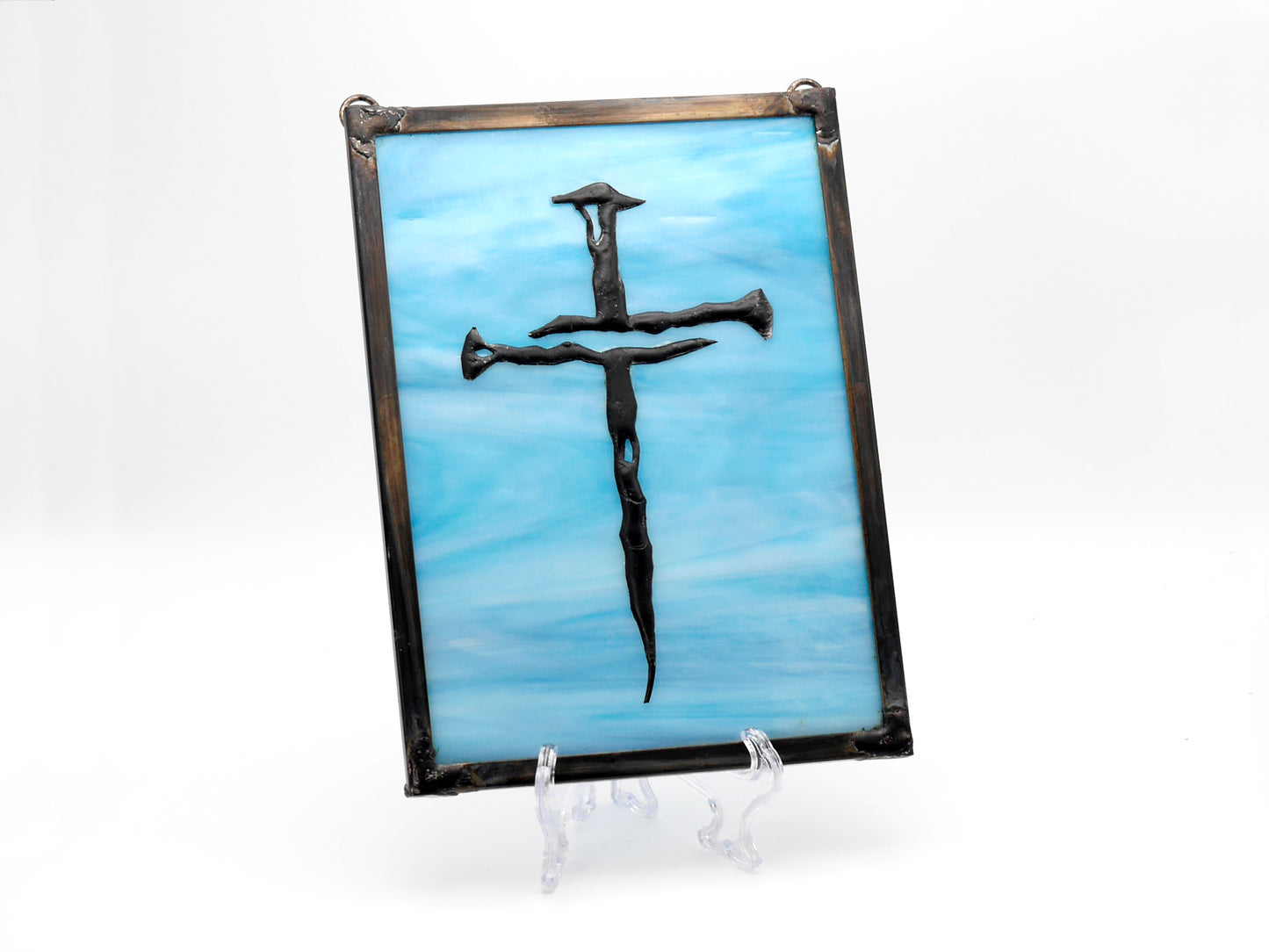 Stained Glass Cross of Nails Panel 8in x 10in Blue Wispy