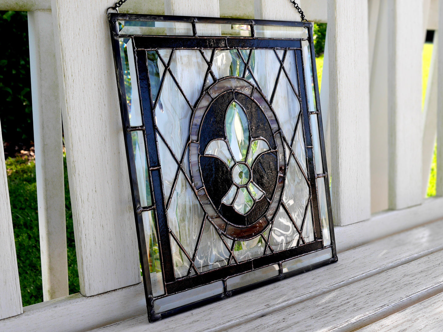 Beveled Flor de Lis Victorian Style Stained Glass Panel 13in x 12in