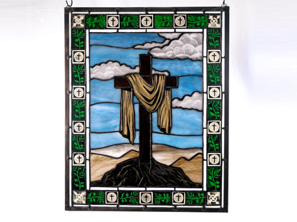The Rock of Remembrance, Handmade Painted Stained Glass Cross Panel: Easter Theme,