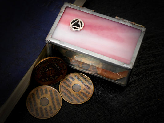 Stained Glass AA Sobriety Keepsake Coin Box Beige, Streaky Pink and White with Clear Beveled Glass