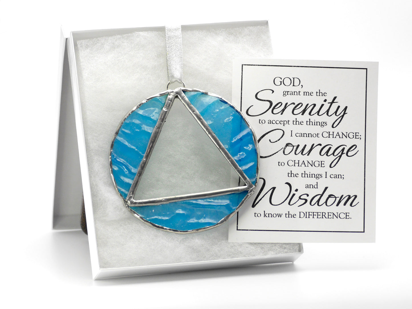 AA Recovery Symbol Stained Glass, alcoholic anonymous, Serenity Prayer, Sponsor Gift, Sun Catcher, Recovery Symbol, Ice Blue Ripple