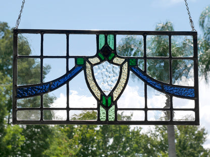 English Style Leaded Glass Panel, Stained Glass Transom, Clear Blue Green and Yellow Glass.