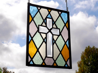 Leaded Stained Glas Cross Panel 10.5in x 13.5in  Beveled and Colored Glass