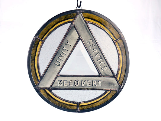 Stained Glass AA Recovery Symbol Panel: Painted Amber & Beveled Glass
