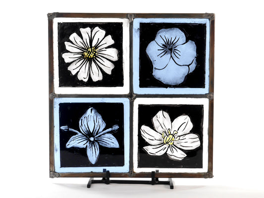 English Style Leaded Glass Four Flower Panel, Four Tenants of Love, Clear and Blue Glass.