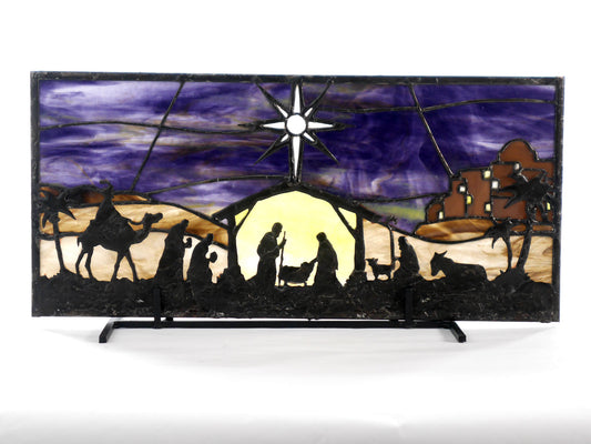 Stained Glass Nativity, Christmas Decor, Faith, Religious, Rustic, Purple and Yellow Glass