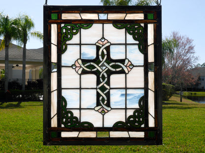 Celtic Stained Glass Cross Panel 20.5in x 17.5in  Beveled and Colored Glass