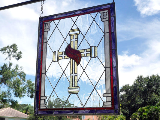 Handmade Stained Glass Gothic Cross Panel: Beveled Jewel Inlay