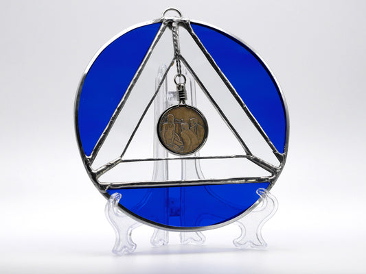 AA Symbol Stained Glass Chip Holder Cobalt Blue 6in diameter