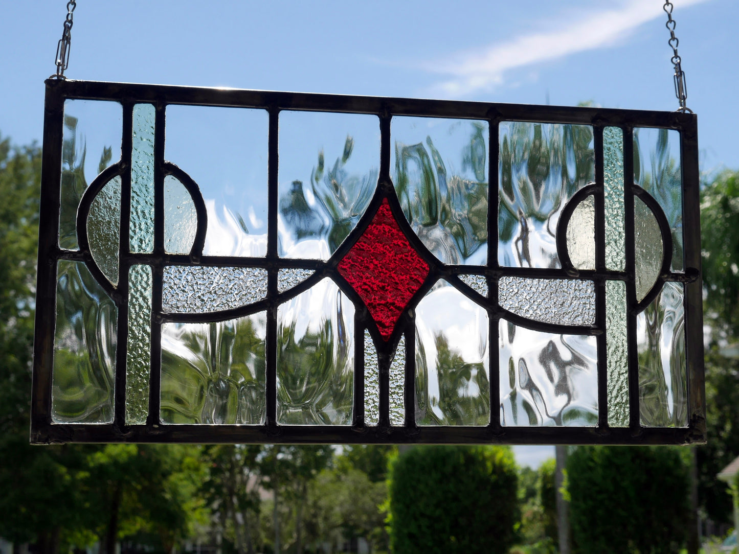 English Style Leaded Glass Panel, Stained Glass Transom, Clear Red and Green and Yellow Glass.