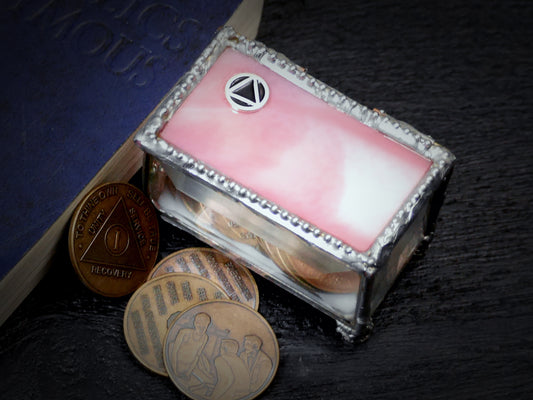 Sobriety Gift Stained Glass Keepsake Coin Box Streaky White and Pink top with Clear Beveled Glass