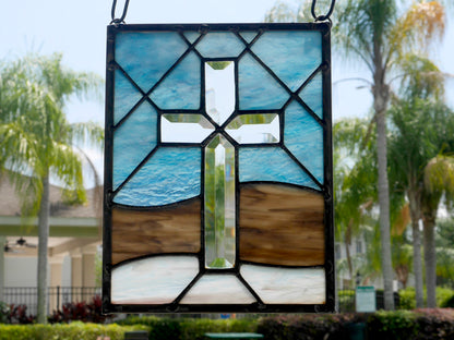 Stained Glass Beveled Glass Cross Panel 9in x 7in Blue Beige