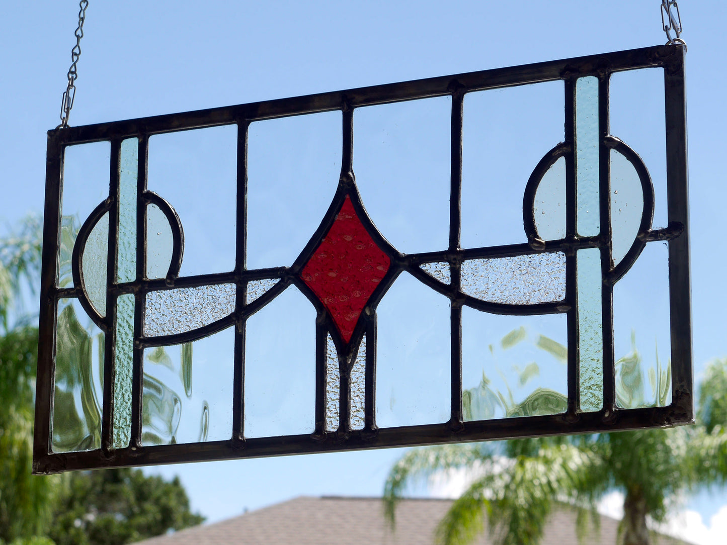 English Style Leaded Glass Panel, Stained Glass Transom, Clear Red and Green and Yellow Glass.