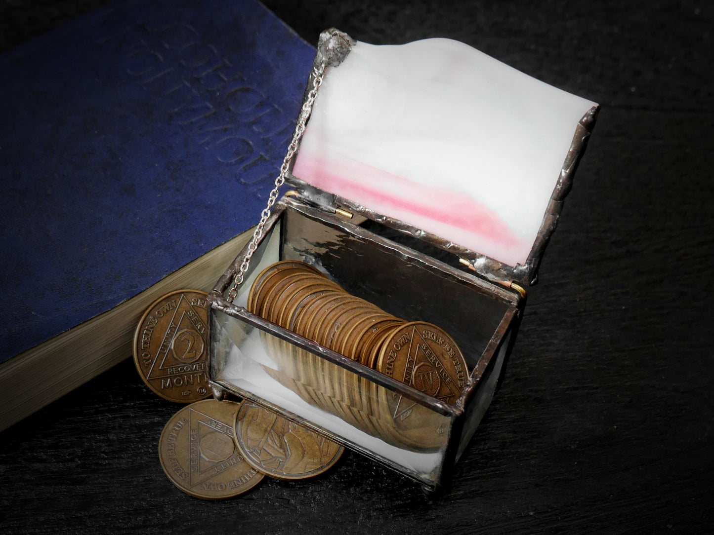 Stained Glass AA Sobriety Keepsake Coin Box Streaky Pink and White with Clear Beveled Glass