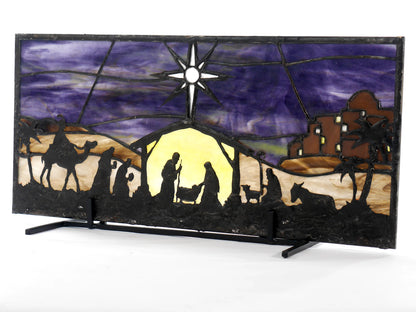 Stained Glass Nativity, Christmas Decor, Faith, Religious, Rustic, Purple and Yellow Glass