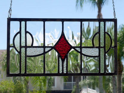 English Style Leaded Glass Panel, Stained Glass Transom, Clear Red and Green and Yellow Glass.