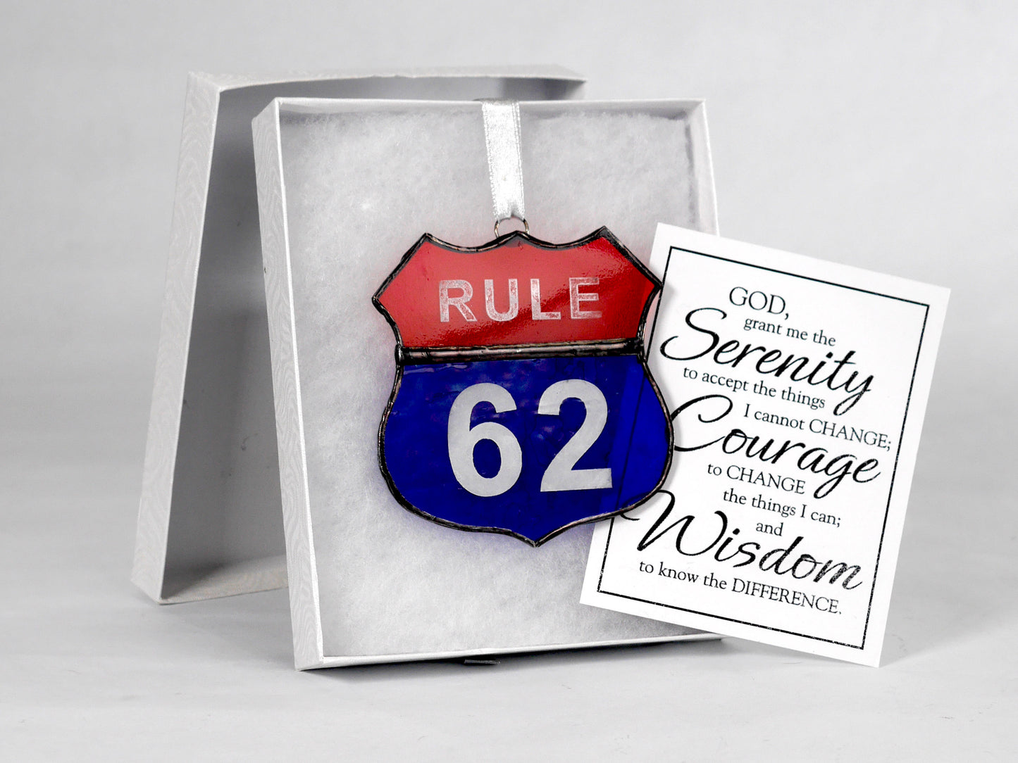 Rule 62 AA Recovery Symbol Stained Glass Sun Catcher, Christmas Ornament, Red and Blue glass