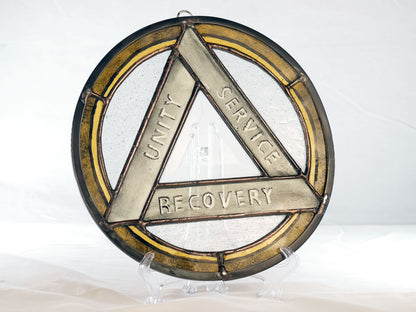 Stained Glass AA Recovery Symbol Panel: Painted Amber & Beveled Glass