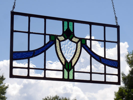 English Style Leaded Glass Panel, Stained Glass Transom, Clear Blue Green and Yellow Glass.