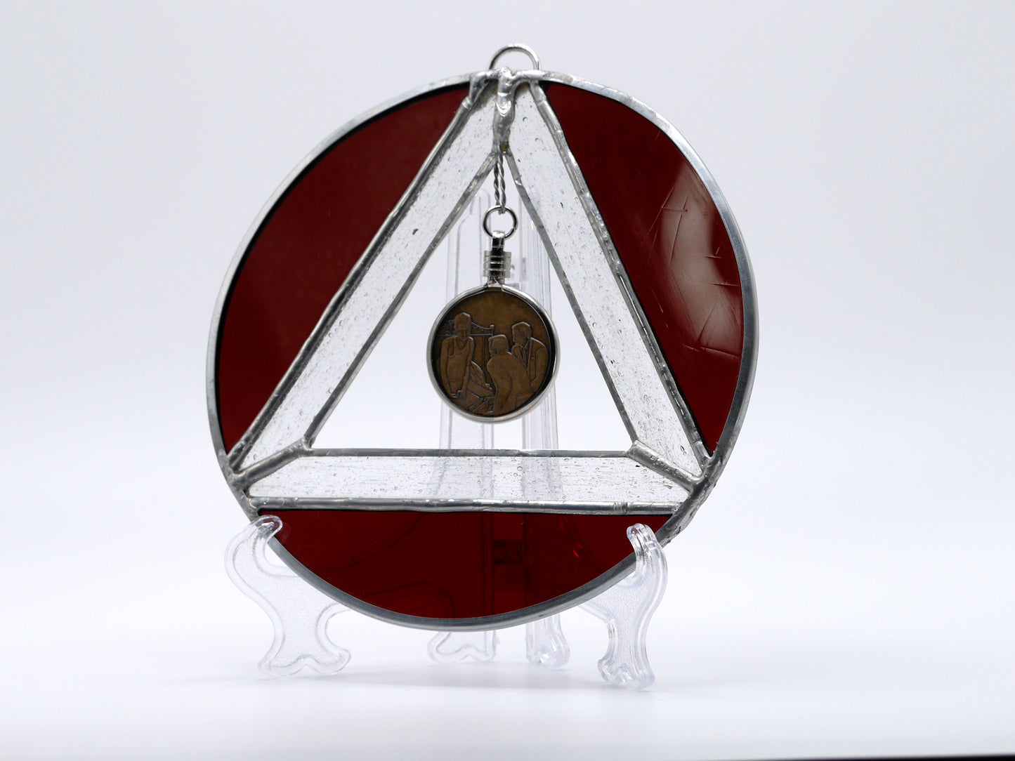 AA Symbol Stained Glass Chip Holder Deep Red 6in diameter