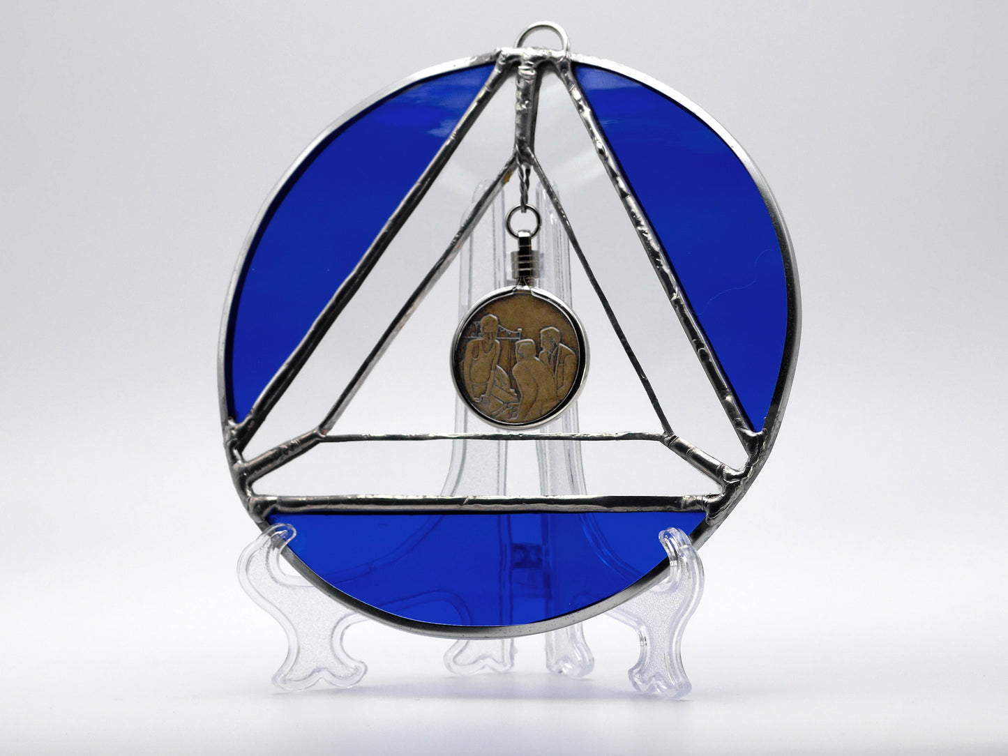 AA Symbol Stained Glass Chip Holder Cobalt Blue 6in diameter