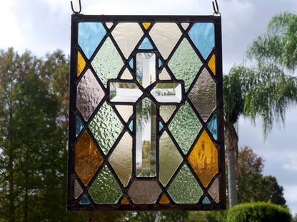 Leaded Stained Glas Cross Panel 10.5in x 13.5in  Beveled and Colored Glass