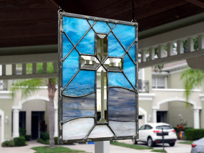 Stained Glass Beveled Glass Cross Panel 9in x 7in Blue Beige