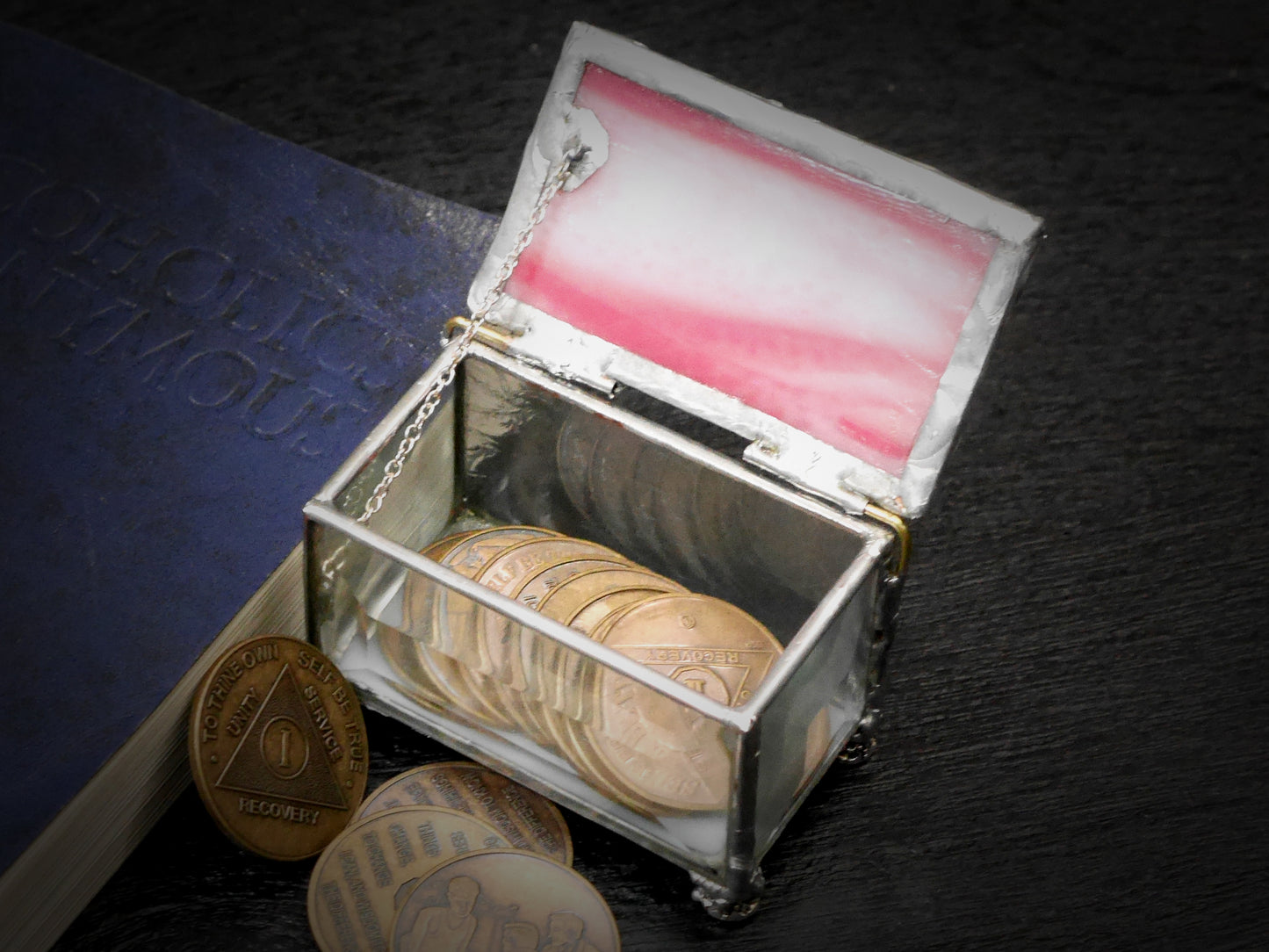 Sobriety Gift Stained Glass Keepsake Coin Box Streaky White and Pink top with Clear Beveled Glass