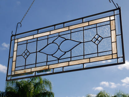 Victorian Style Stained Glass Transom Window, 24.5in x 10.25in Beige and Beveled Glass