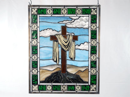 The Rock of Remembrance, Handmade Painted Stained Glass Cross Panel: Easter Theme,