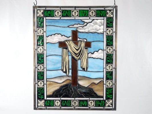 The Rock of Remembrance, Handmade Painted Stained Glass Cross Panel: Easter Theme,