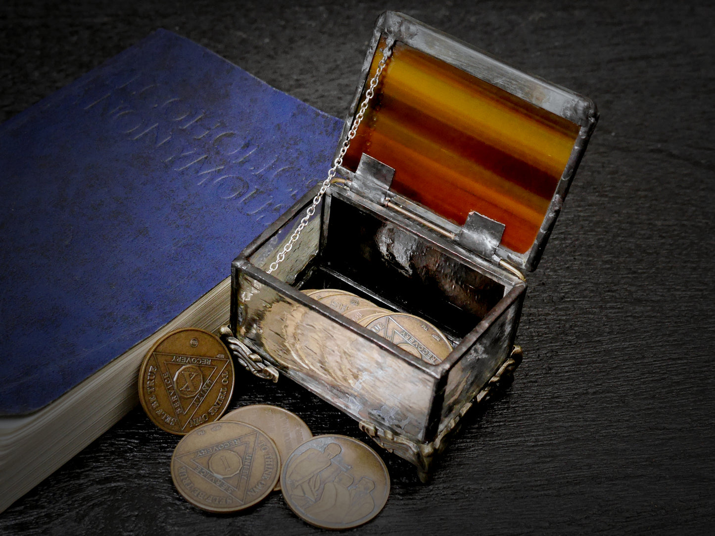 Stained Glass AA Sobriety Keepsake Coin Box Textured Golden Brown and Clear Glass