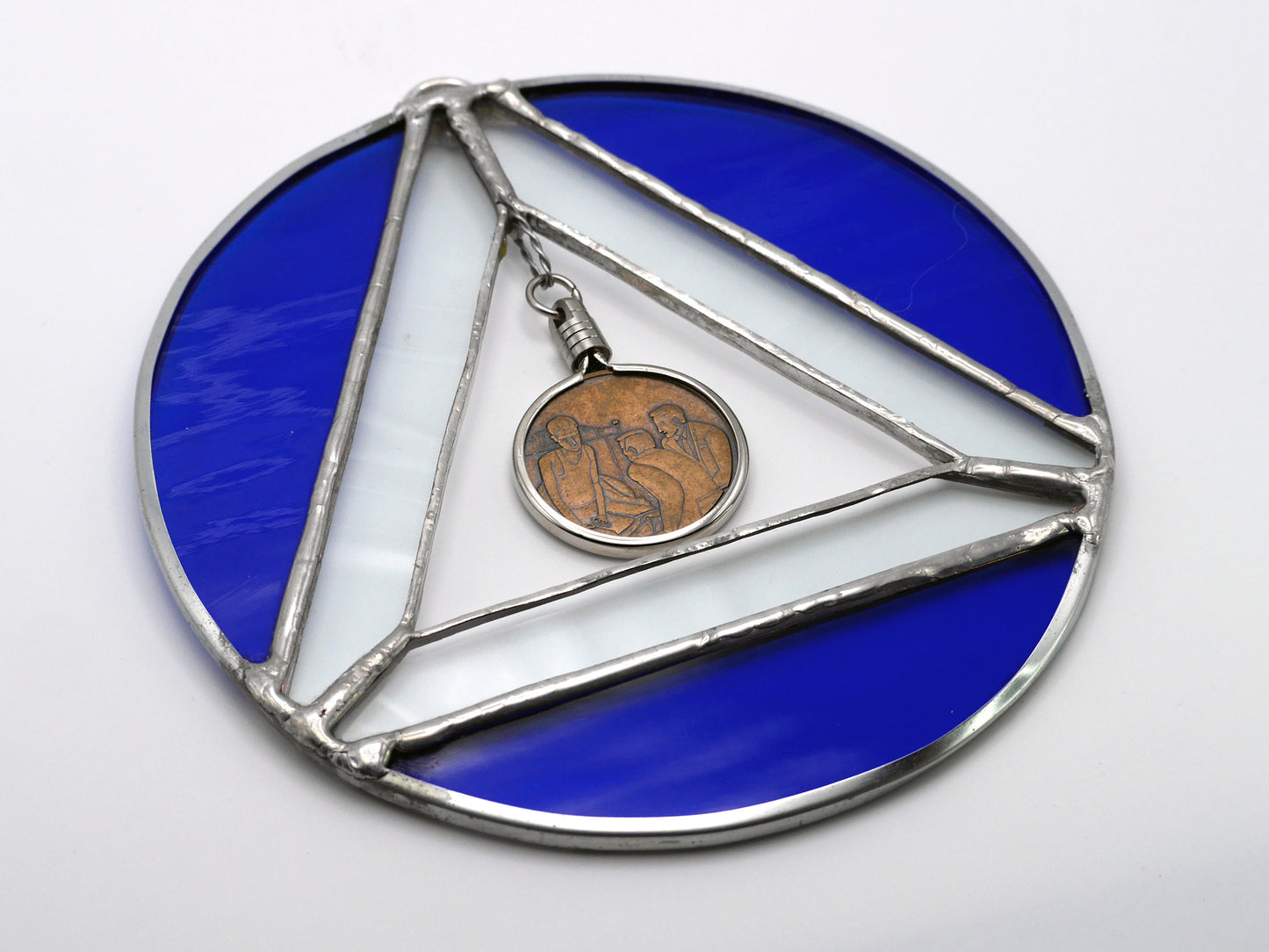 AA Symbol Stained Glass Chip Holder Cobalt Blue 6in diameter